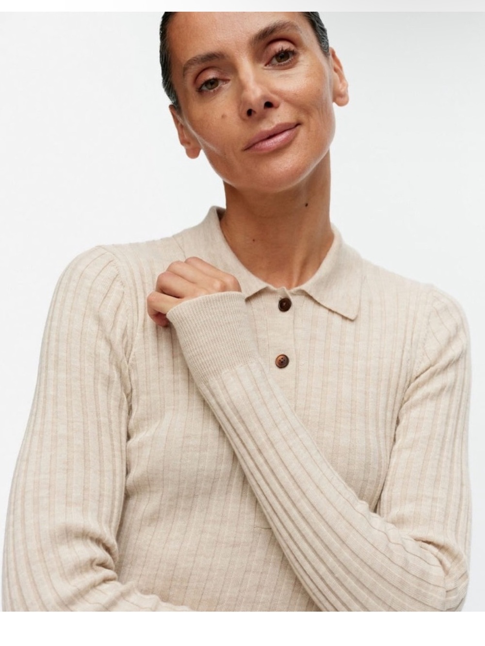 Ribbed Polo Knit Sweater in Beige